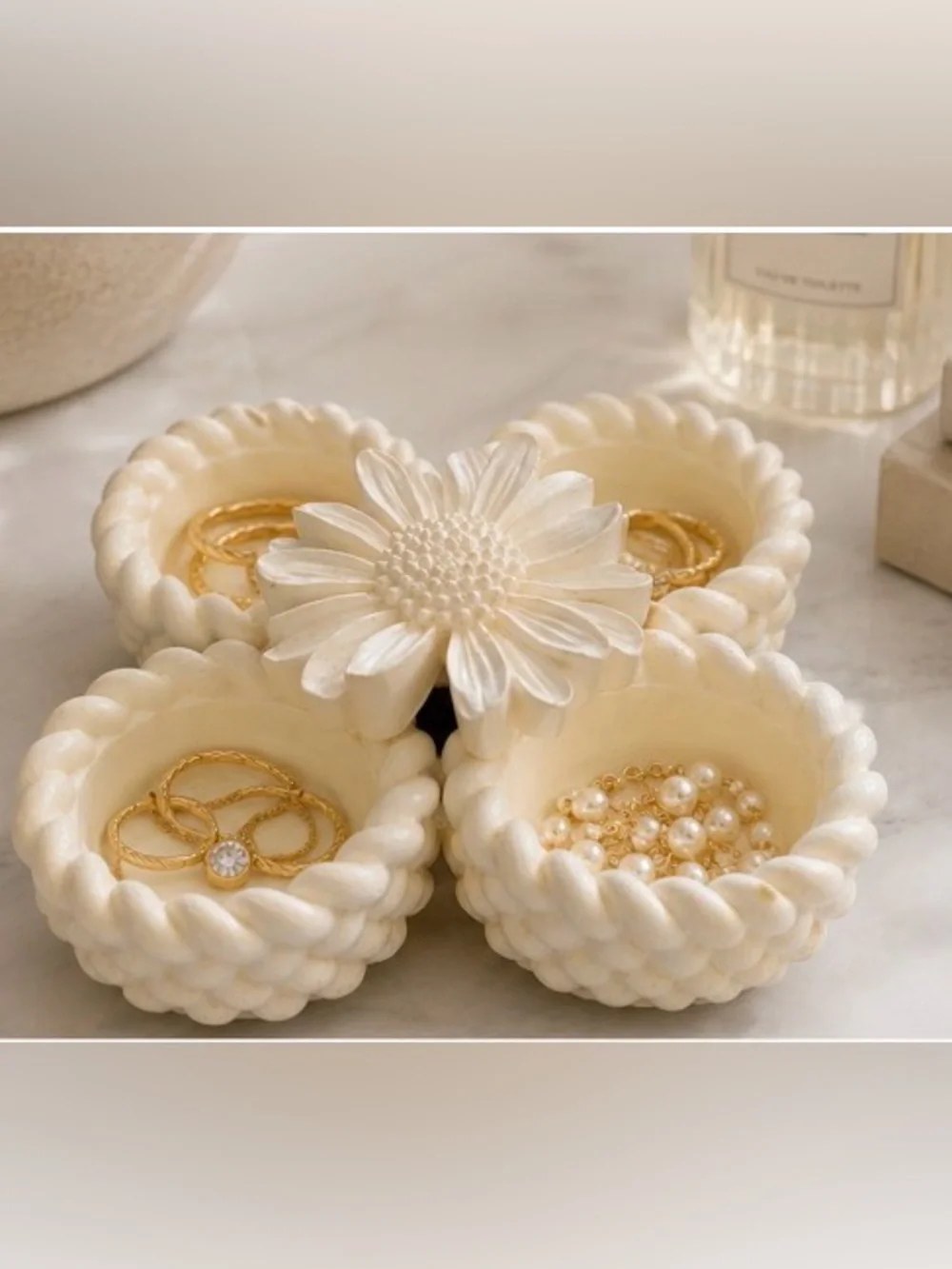 Cream Ceramic Braided Tealight Holder Set with Floral Accent